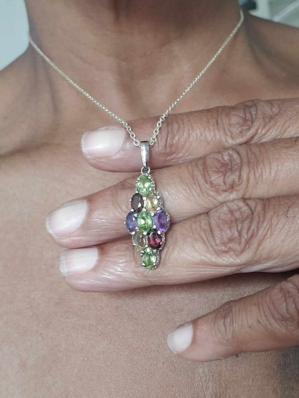MultiGemstone Stainless Steel Pendant- Peridot, Amethyst, Citrine, Garnet 3.5ctw - Picture 2 of 6